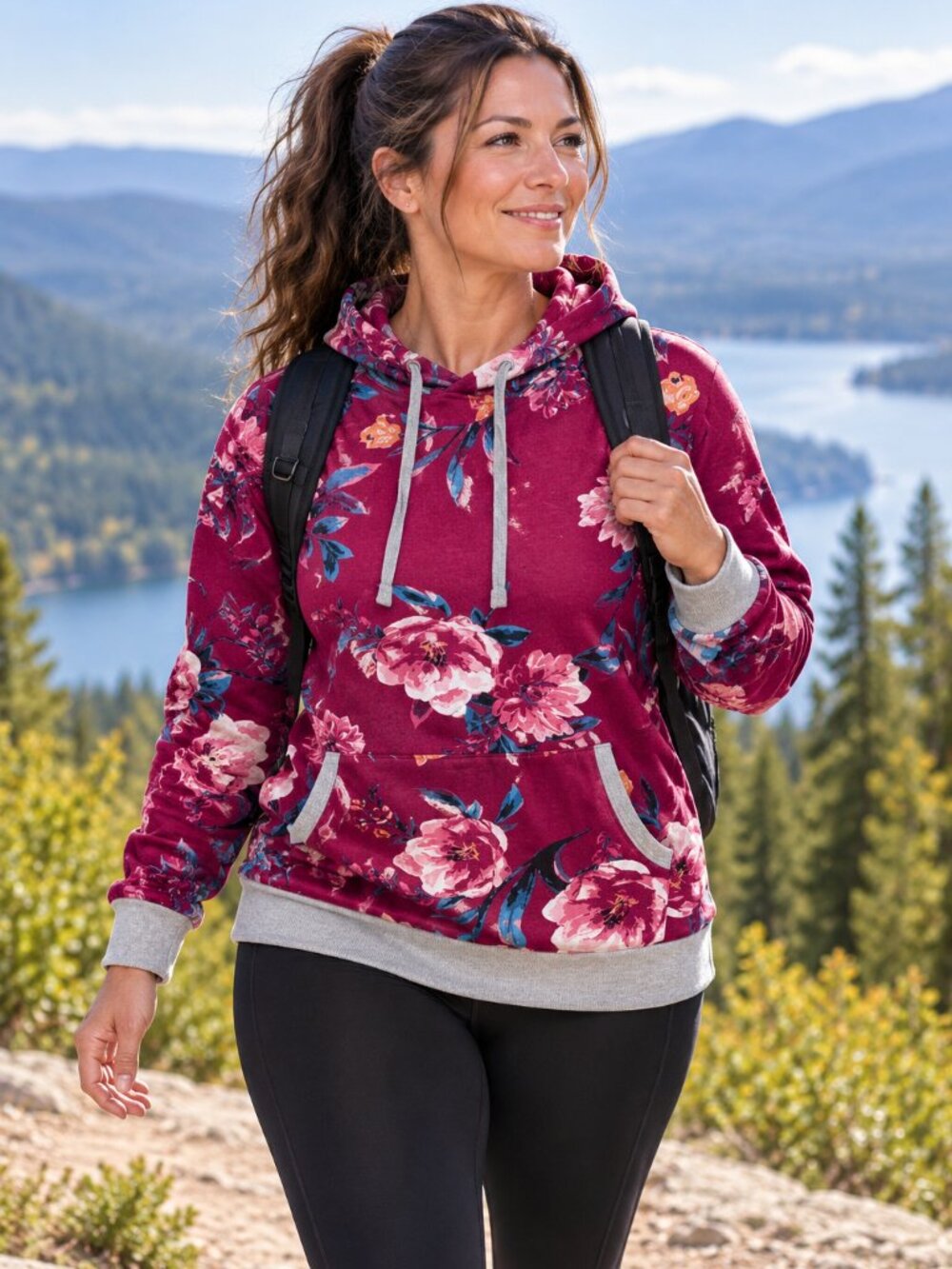 Cottage Core Folky Lildy Wine Color Floral Print Super Soft Stretch Hoodie LG-XL